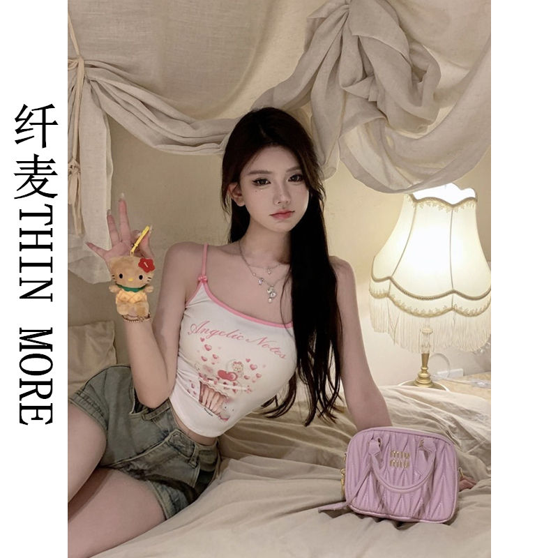 Fianmai THIN MORE Cartoon Print Camisole Women's Summer Sweet Hot Girl Contrast Color Short Top
