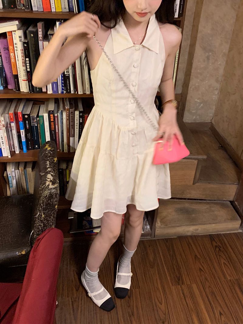 POLO領掛脖露背連衣裙女夏季新款甜系少女學院風高腰顯瘦A字短裙