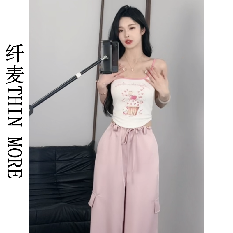 纖麥THIN MORE辣妹印花吊帶背心女夏季設計感修身短款無袖上衣ins