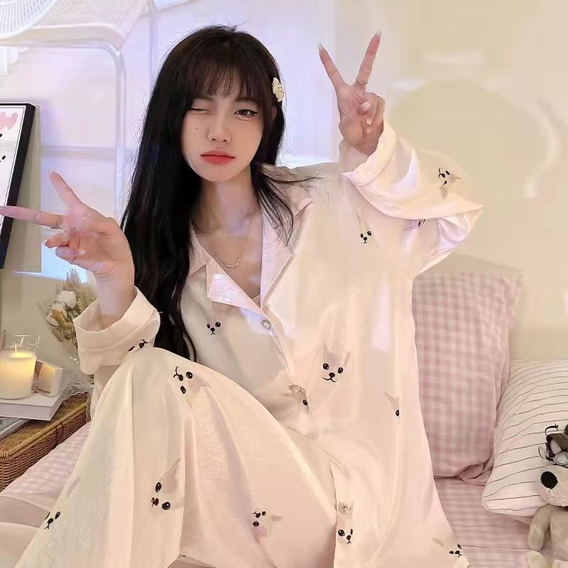 高級感冰絲睡衣女春秋款長袖長褲網紅風親膚薄款套裝家居服可外穿