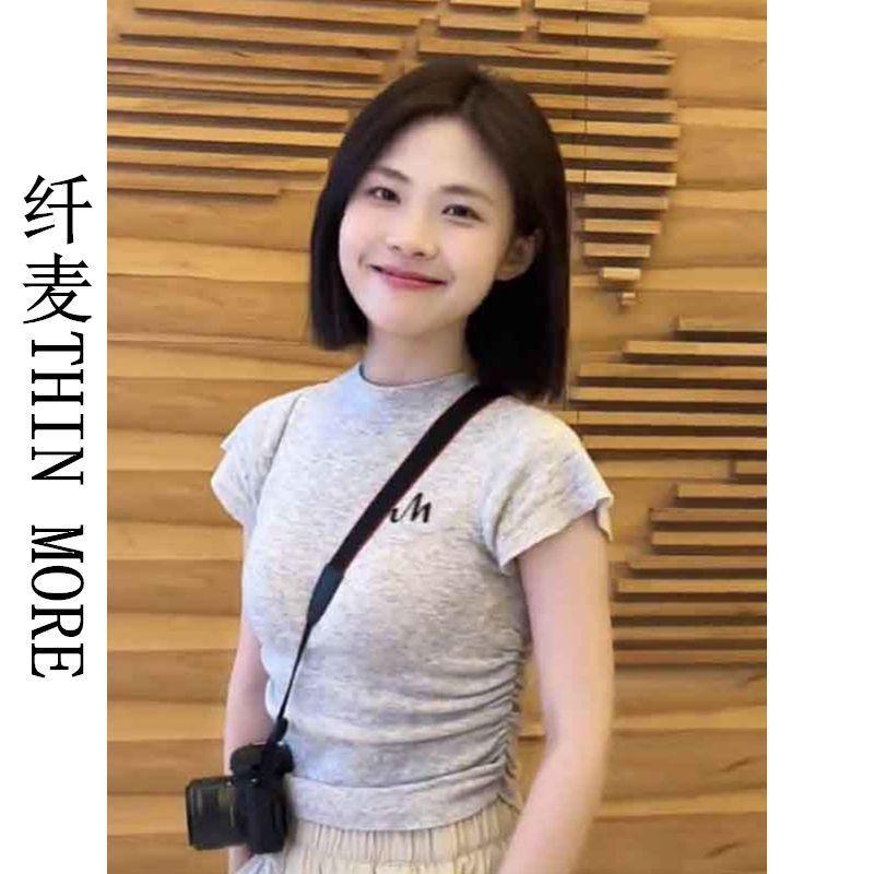 纖麥THIN MORE美式復古灰色短袖t恤女夏季甜辣妹修身顯瘦圓領上衣