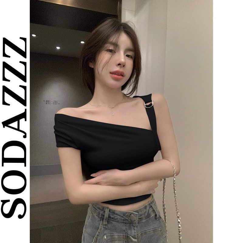 Sweet hottie one-shoulder design short-sleeved T-shirt women's summer white slim-fitting short high-waist pure desire backless top