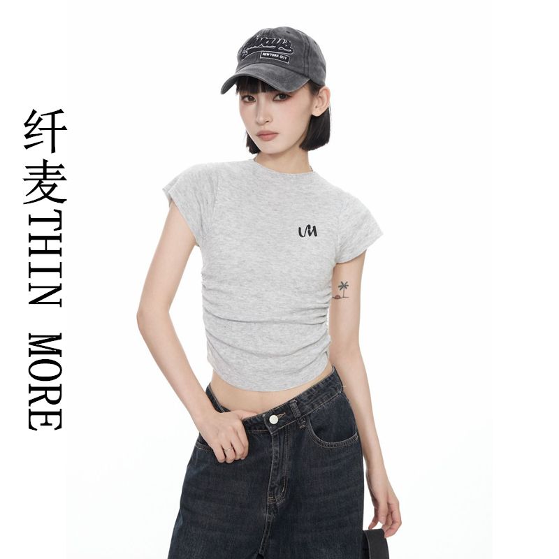 纖麥THIN MORE辣妹灰色不規則正肩短袖t恤女韓版夏季短款修身上衣
