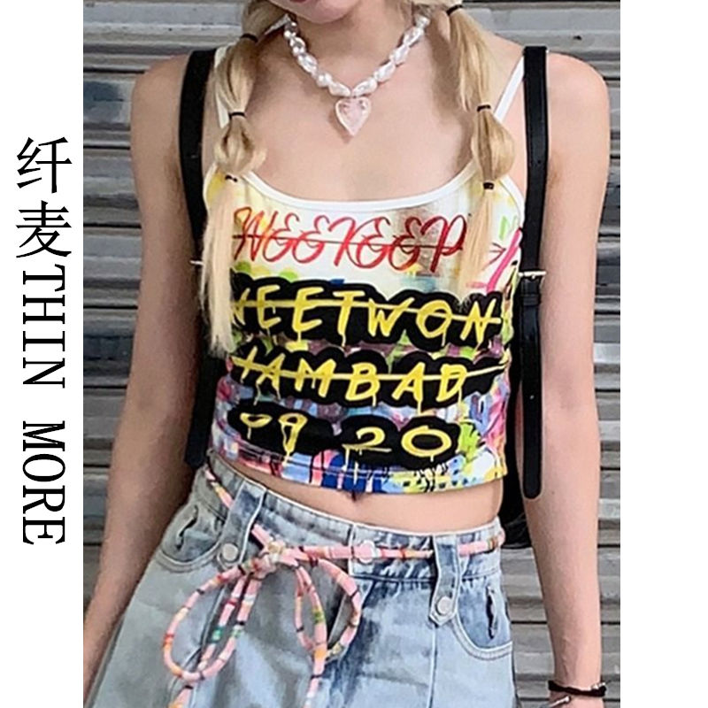 Fianmai THIN MORE hot girl graffiti print contrasting color slimming suspender fashion trend new vest top for women
