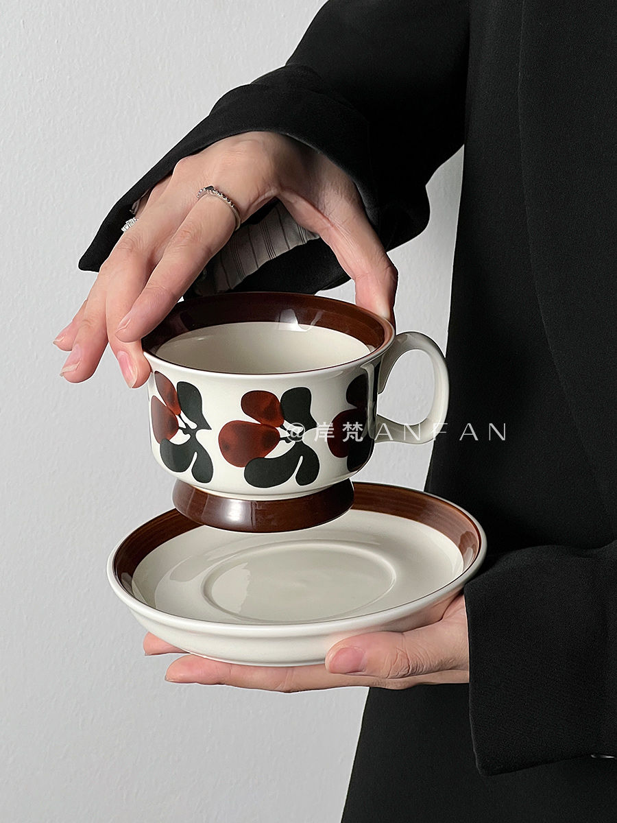 中古创意陶瓷咖啡杯碟套装精致下午茶手绘马克杯带把手水杯