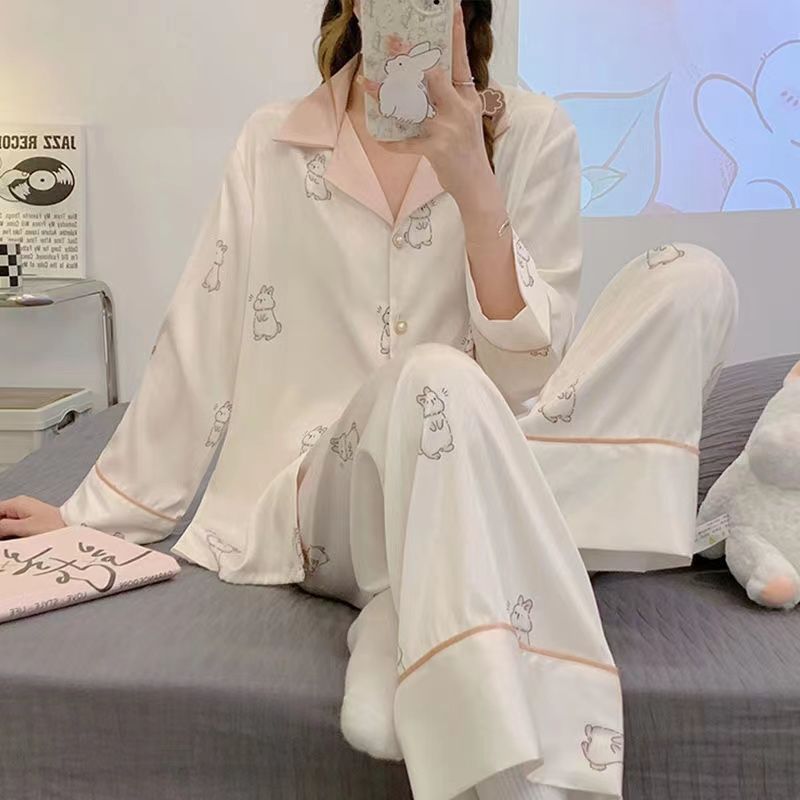 睡衣女春秋款冰絲綢長袖開衫卡通高級感網紅風夏季涼感家居服套裝