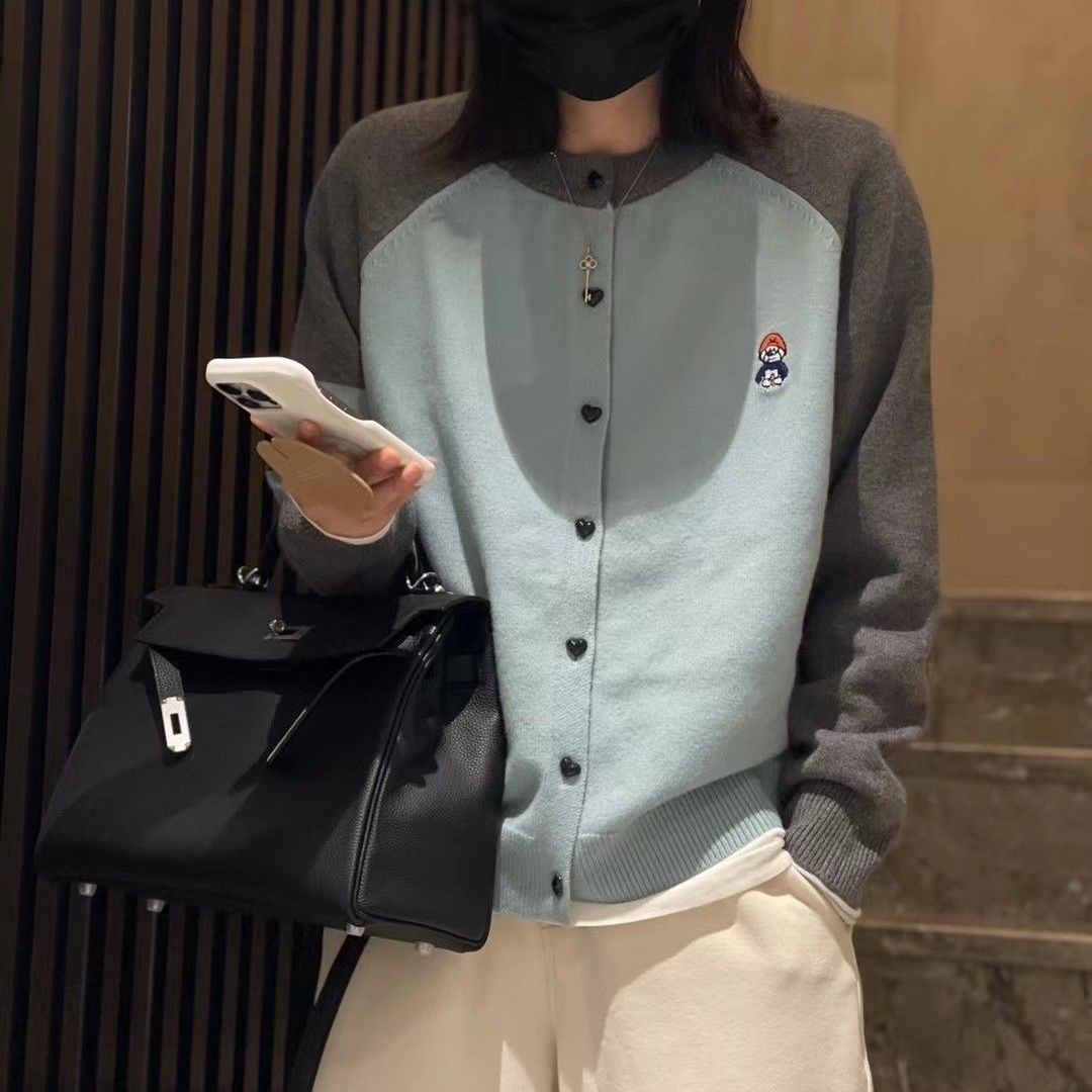 2023春秋新款韓版針織衫女開衫外穿軟糯甜美撞色百搭毛衣薄外套女