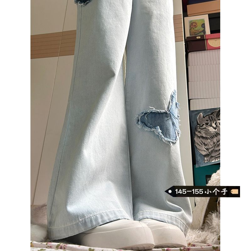 淺色蝴蝶貼布刺繡高腰牛仔褲女小個子夏季新款顯瘦寬鬆毛邊闊腿褲