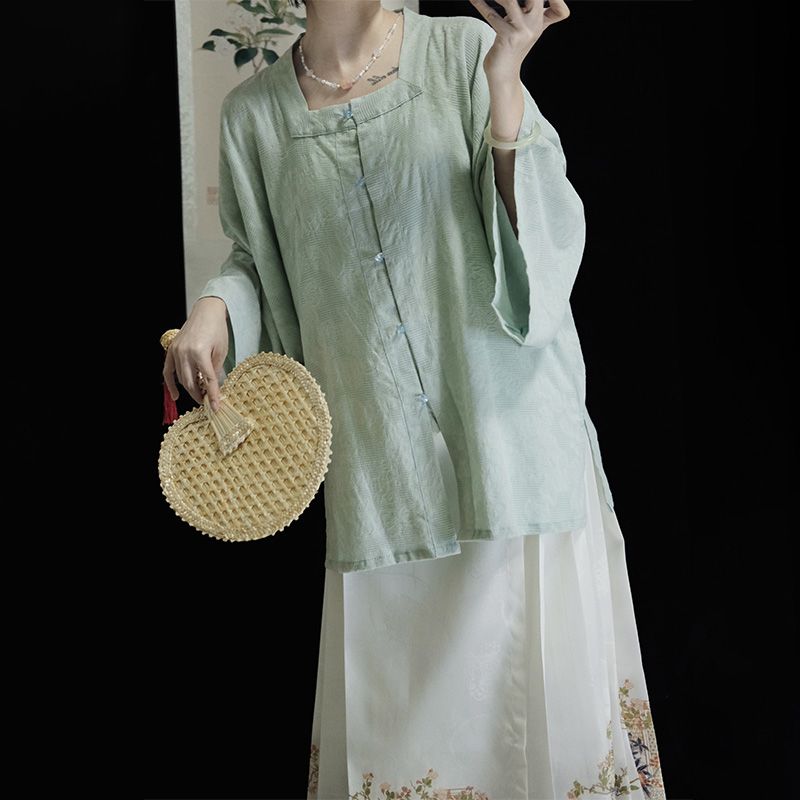 一五拾***汉服【夏堇】明制方领短衫半袖纯色暗纹提花日常夏季 - 17网