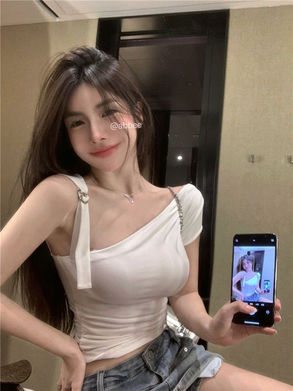 Sweet hottie one-shoulder design short-sleeved T-shirt women's summer white slim-fitting short high-waist pure desire backless top