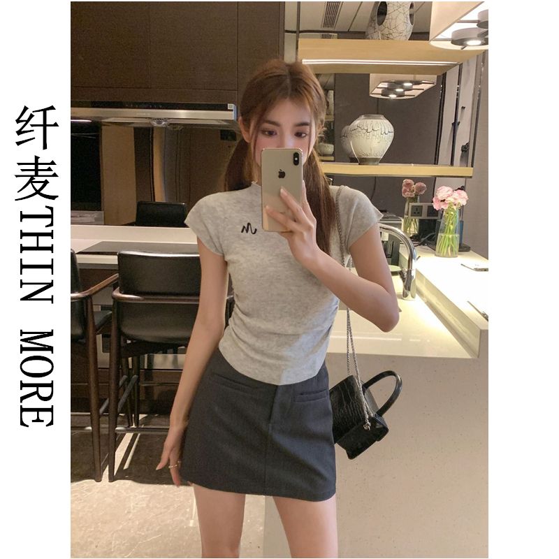 纖麥THIN MORE美式復古正肩短袖t恤女夏季修身顯瘦新款設計感上衣