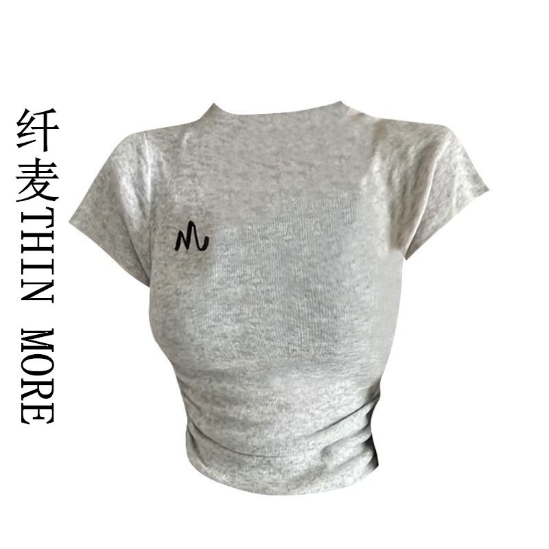 纤麦THIN MORE灰色美式短袖正肩t恤女夏季修身辣妹设计感小众上衣