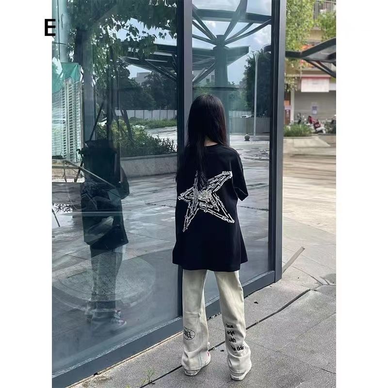 100%純棉星星字母短袖女夏季新款寬鬆oversize小眾上衣inst恤潮