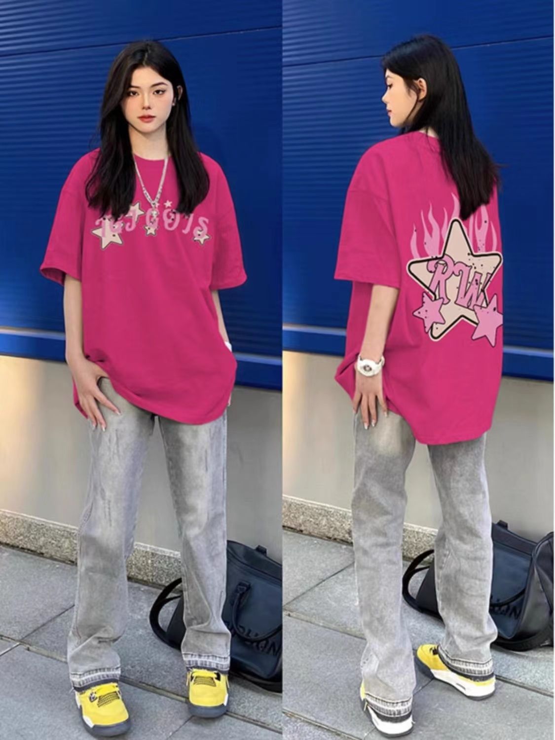 美式潮牌火龍果色短袖t恤女夏季2023新款多巴胺純棉半袖氣質上衣