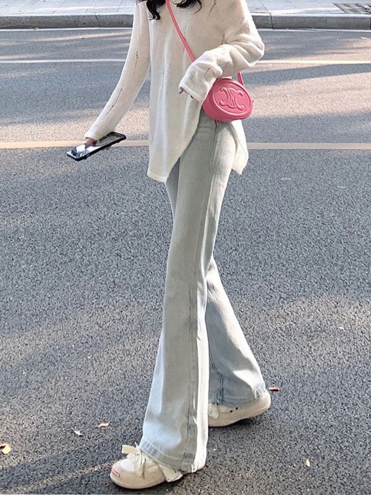 淺色做舊微喇牛仔褲女秋季新款高腰寬鬆闊腿顯瘦直筒拖地喇叭褲子