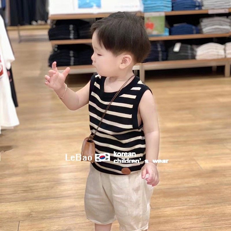 韩版童装男童夏季套装2023新款宝宝洋气条纹背心儿童休闲百搭短裤