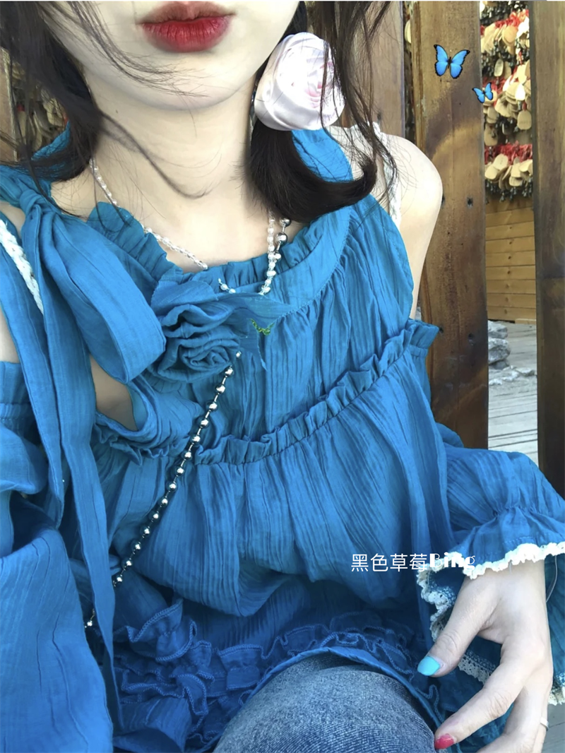 多巴胺穿搭夏季小眾高級感寬鬆顯瘦掛脖露肩襯衫長袖娃娃衫上衣女