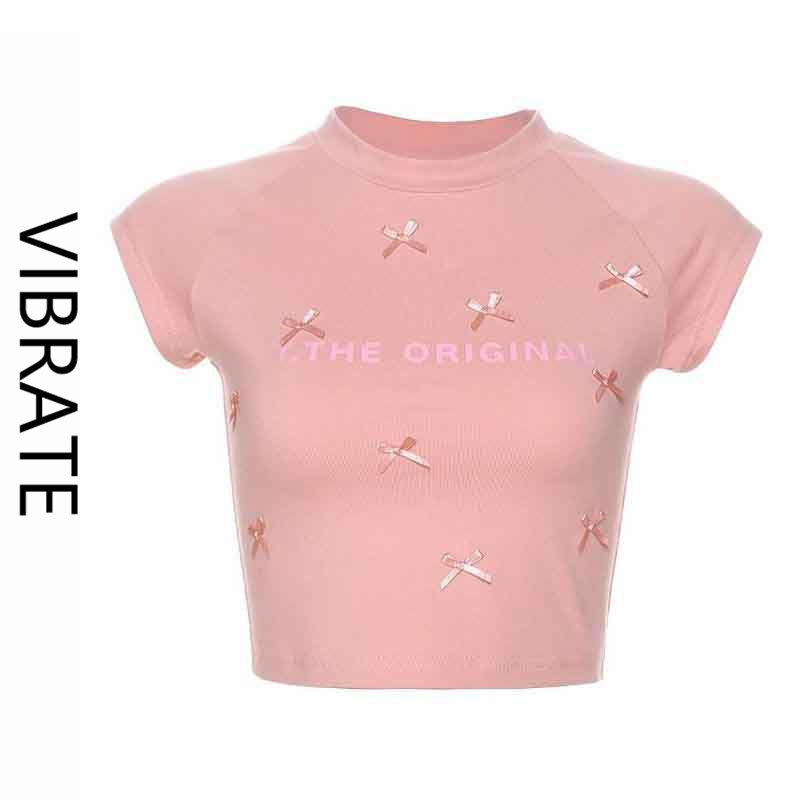 VIBRATE Korean version of sweet and spicy bow print short-sleeved T-shirt sweet short section beautiful summer small top women
