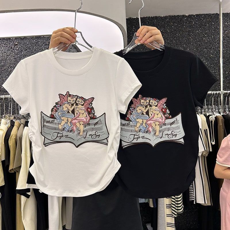 短款刺繡貓咪上衣圓領短袖t恤小眾顯瘦小眾設計感女夏季修身上衣