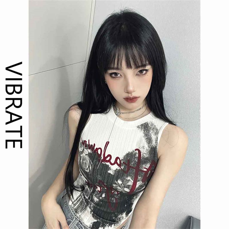 VIBRATE美式復古玫瑰印花不規則辣妹T恤女夏季別致驚艷無袖上衣