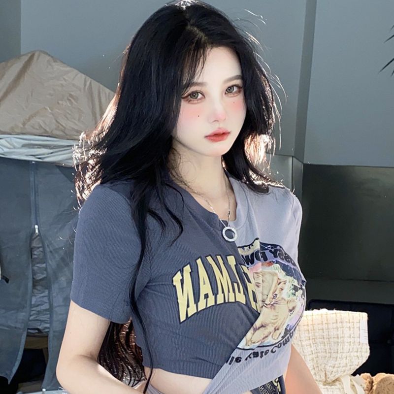 辣妹小貓短袖T恤女夏季新款設計感小眾修身顯瘦短款綁帶露臍上衣