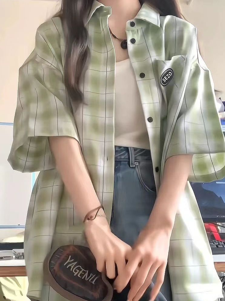 綠色格子襯衫短袖女2023夏季薄款寬鬆休閒百搭polo領襯衣開衫外穿