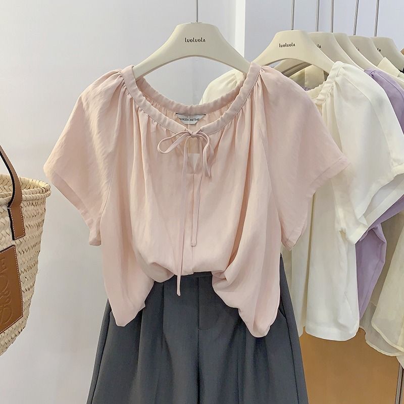 天絲連肩袖系帶娃娃衫女夏新款圓領套頭可愛寬鬆短袖襯衣
