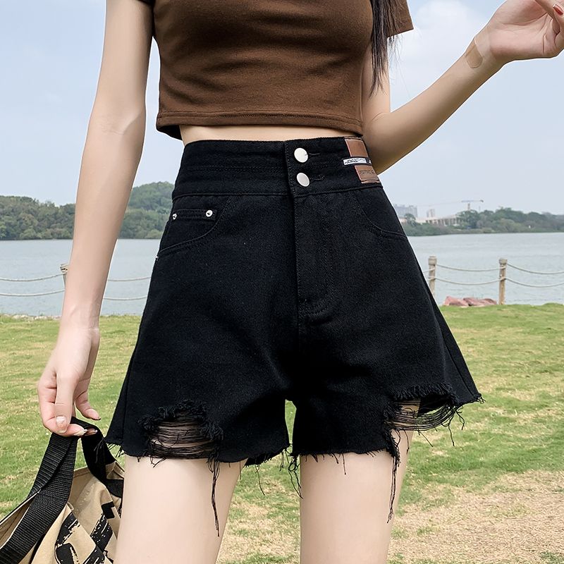 黑色牛仔短褲女2023新款夏季ins潮高街寬鬆顯瘦闊腿破洞毛邊