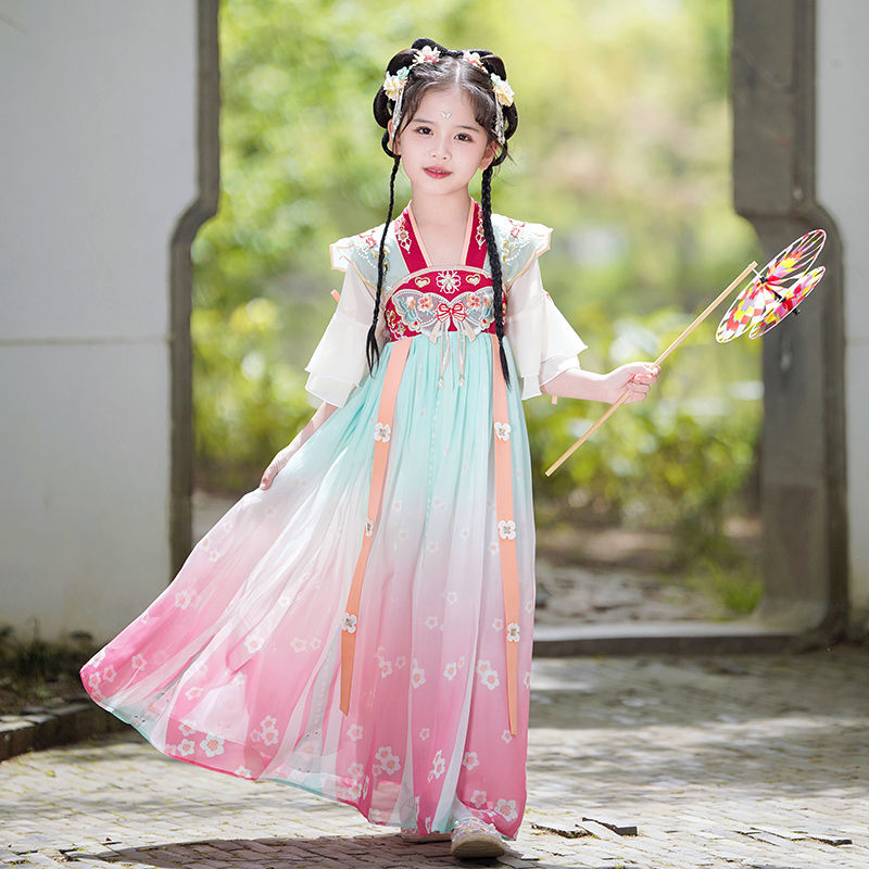 女童漢服2023新款兒童唐裝小女孩古裝公主裙國風夏款超仙古風禮服