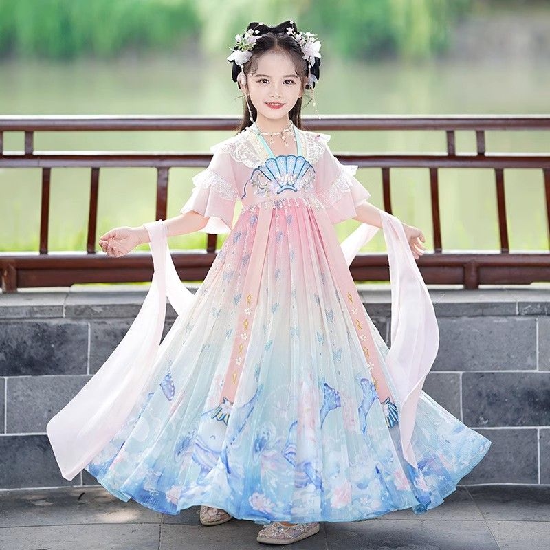 漢服女童夏款2023新款古風連衣裙小女孩唐裝兒童夏季超仙古裝裙子