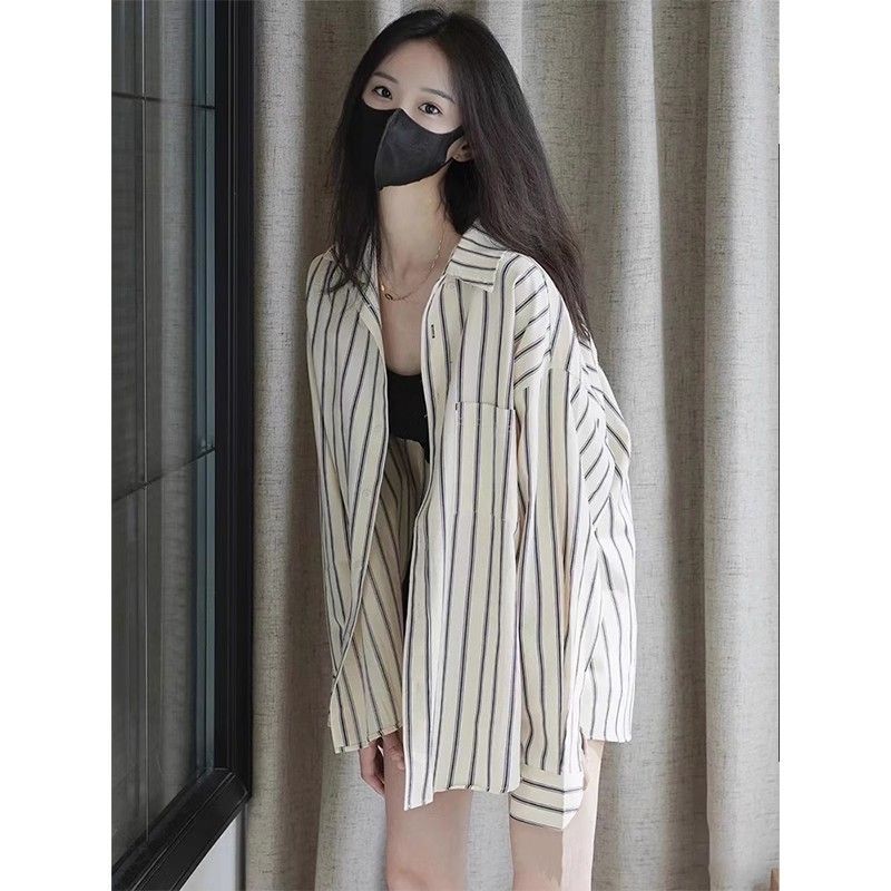 港味休閒豎條紋襯衫女長袖2023新款復古寬鬆通勤百搭上衣開衫外套
