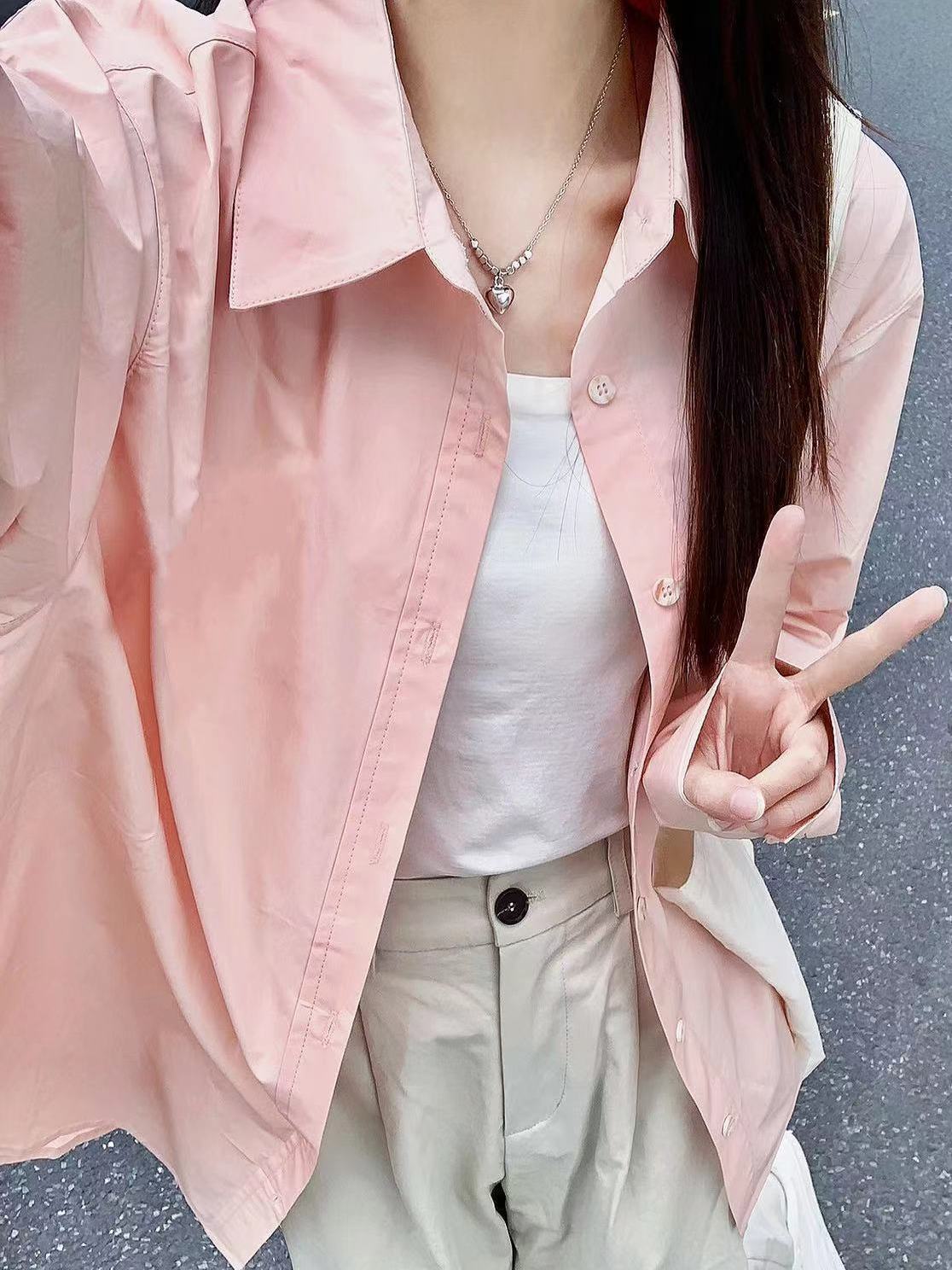 2023夏季薄款韓系時尚ins粉色雪紡襯衫外穿女寬鬆百搭襯衣防曬衫