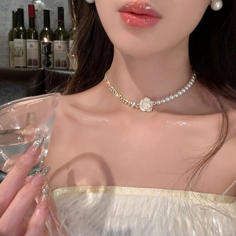 山茶之戀~法式復古山茶花珍珠項鍊女款輕奢小眾設計感鎖骨鏈頸鏈