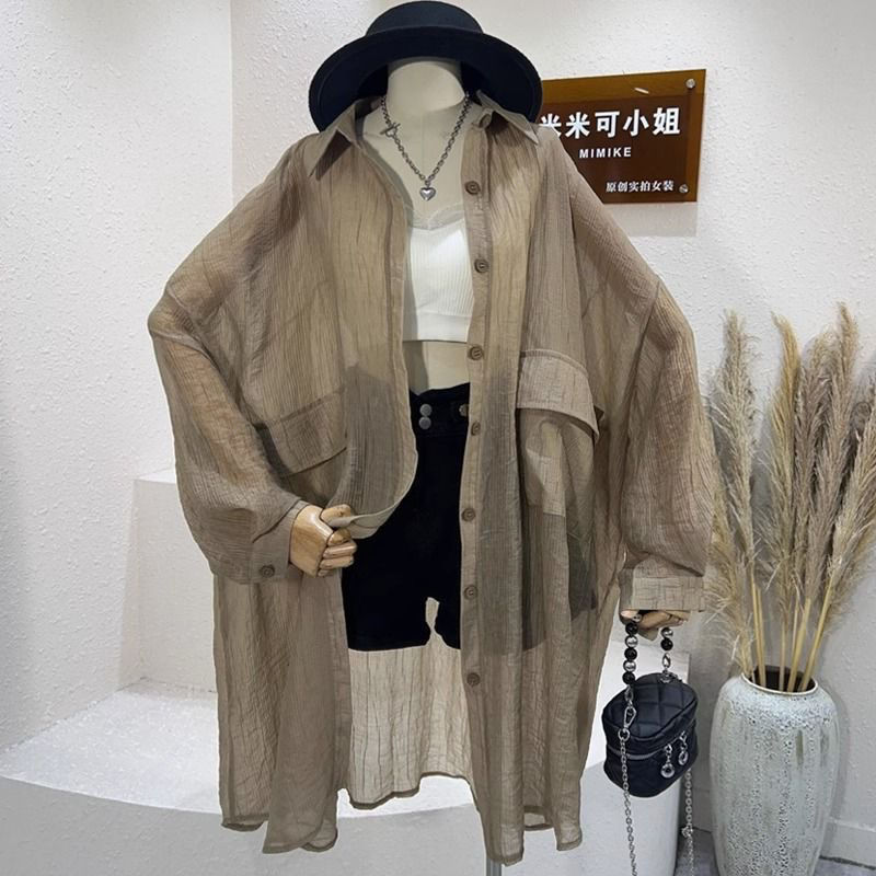特大碼200斤夏季薄款長袖襯衫女寬鬆BF慵懶風單排扣防曬開衫上衣