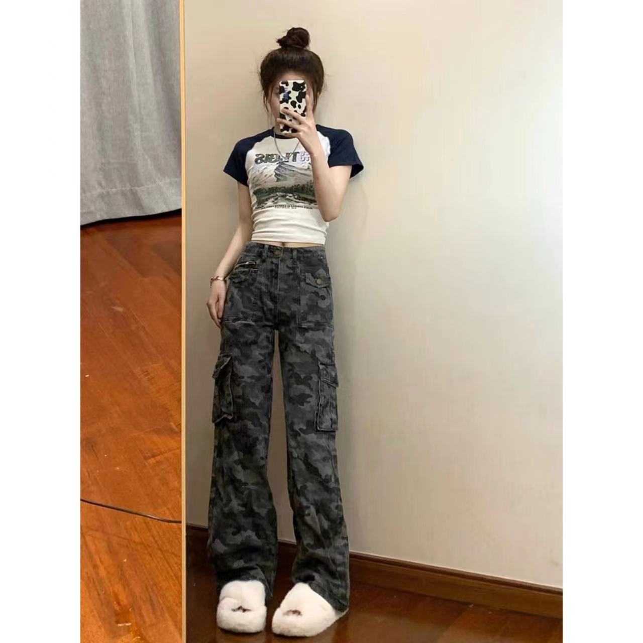 迷彩美式牛仔褲女美式辣妹拖地長褲百搭春秋季舞蹈褲子顯瘦歐美風