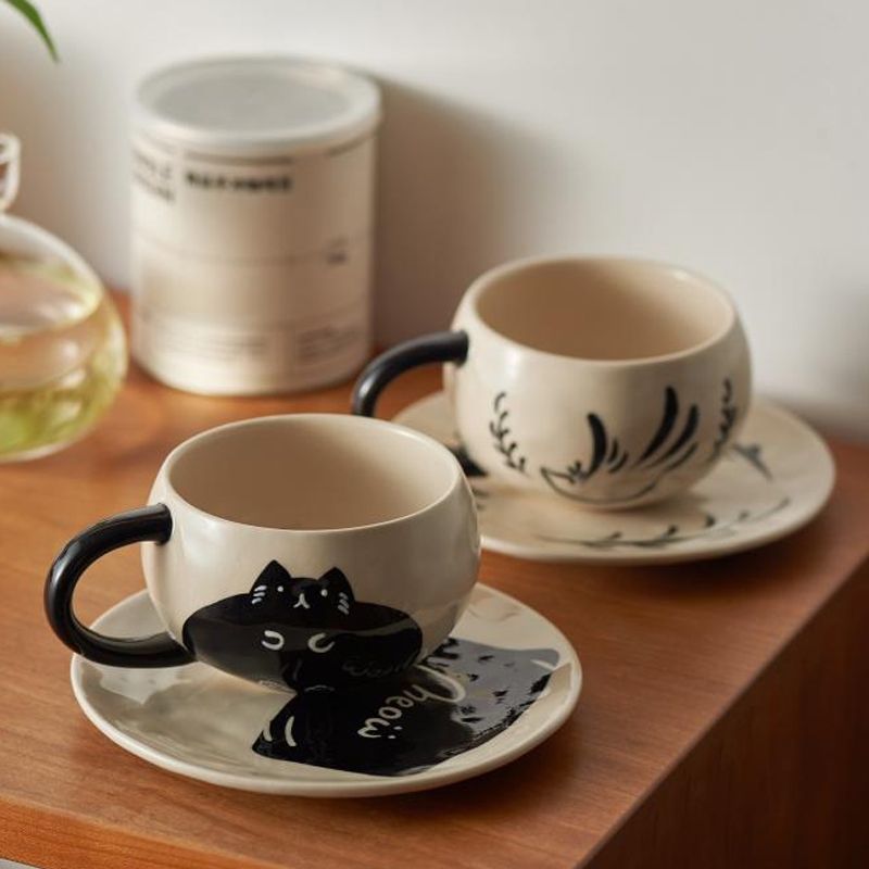 陶瓷咖啡杯碟套装托盘高颜值轻奢英式下午茶具卡布奇诺马克杯猫咪