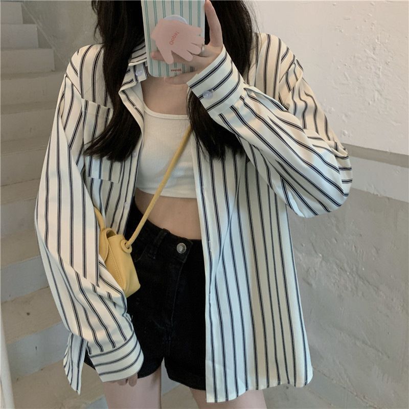 2023新款鹽系襯衫上衣女設計感韓系寬鬆慵懶長袖條紋休閒襯衣開衫