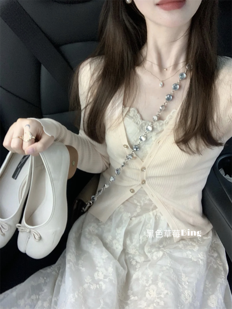 法式溫柔風氛圍感超仙蕾絲吊帶連衣裙鏤空收腰顯瘦長裙開衫兩件套