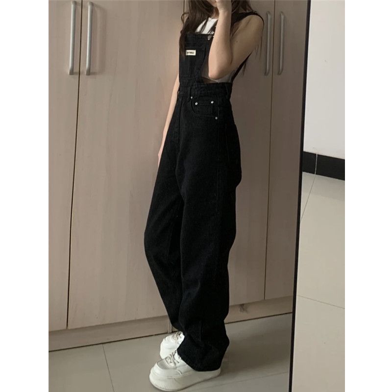 高街ins復古黑色牛仔背帶褲女夏季新款高腰寬鬆直筒拖地褲女潮褲