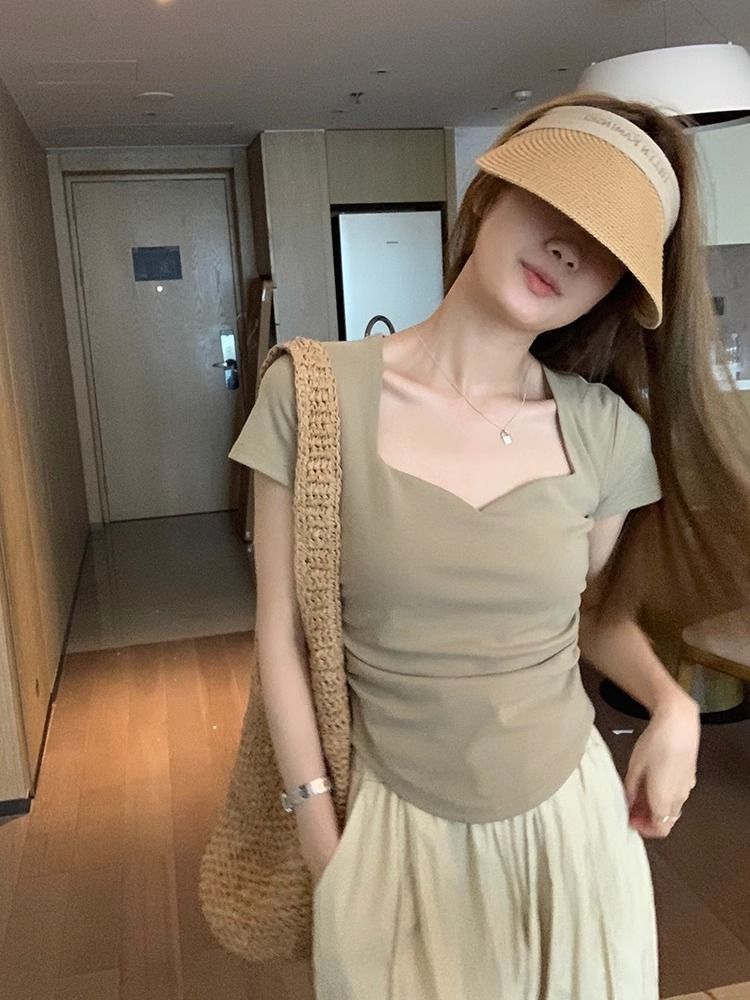 [Peach heart collar pure cotton] short-sleeved T-shirt women's summer pure desire shoulder solid color clavicle top pleated short bottoming shirt