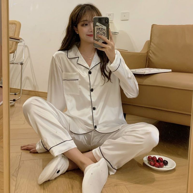 2023年睡衣女春秋季冰絲薄款長袖胖mm大碼寬鬆套裝學生外穿家居服