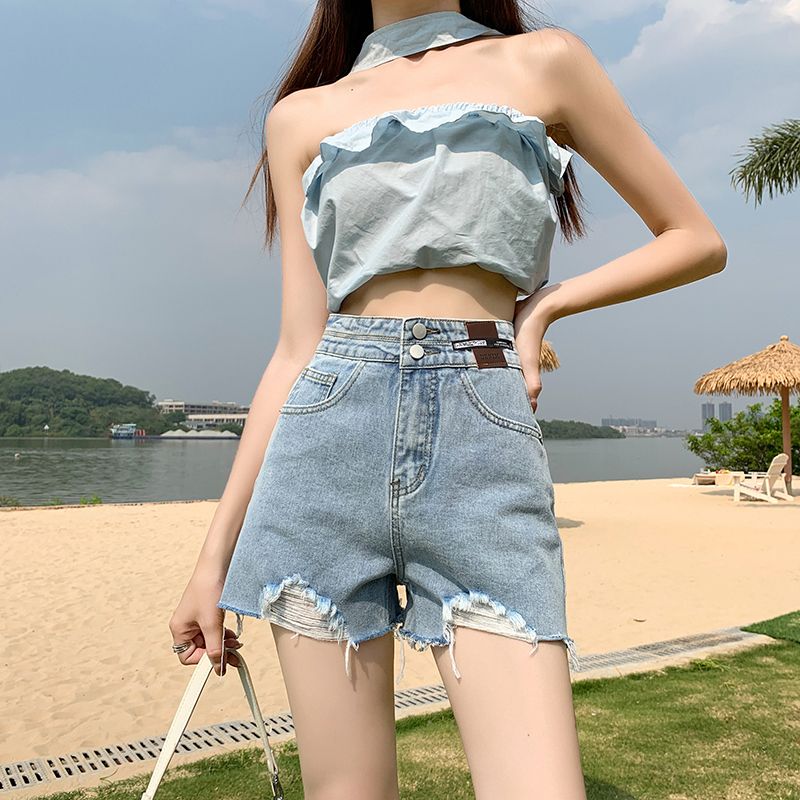 牛仔短褲女夏季2023新款毛邊破洞設計感高腰顯瘦a字闊腿熱褲子