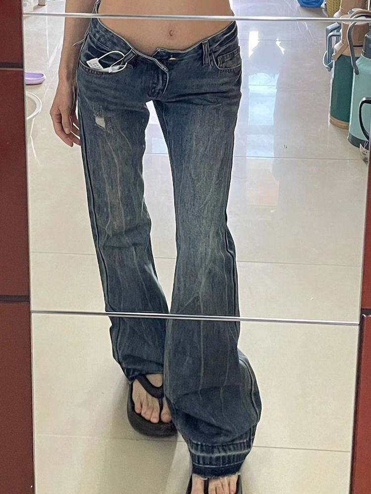 美式辣妹微喇叭牛仔褲女秋季新款低腰寬鬆闊腿顯瘦百搭直筒拖地褲