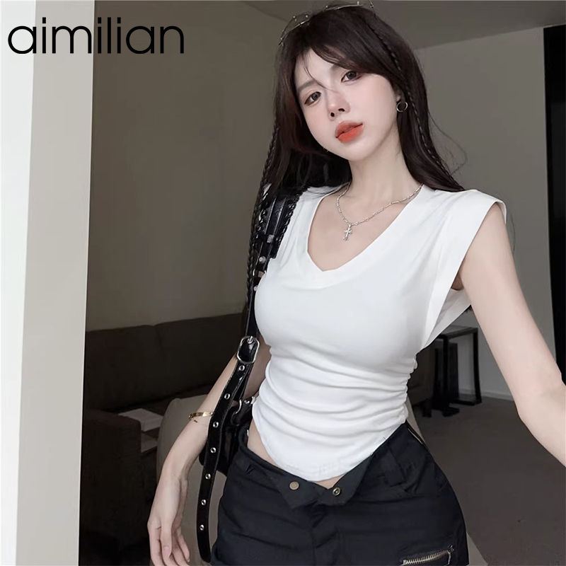 aimilian小飛袖正肩V領短袖t恤女夏季設計感小眾辣妹修身短款上衣