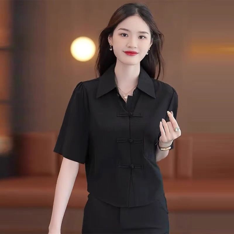 中国风衬衫女短袖新款夏季宽松显瘦衬衣洋气女士复古盘扣上衣
