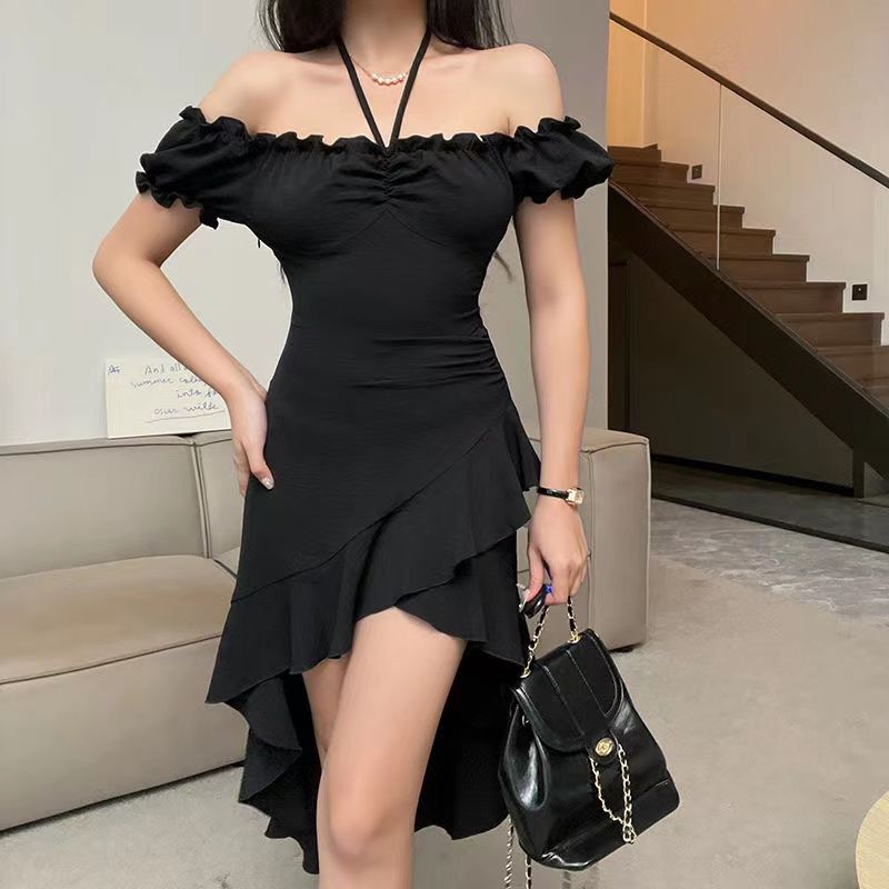 Mysterious black ruffled irregular dress for women summer new one-shoulder waist sexy skirt