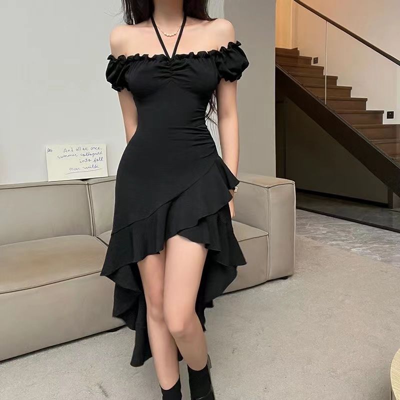Mysterious black ruffled irregular dress for women summer new one-shoulder waist sexy skirt