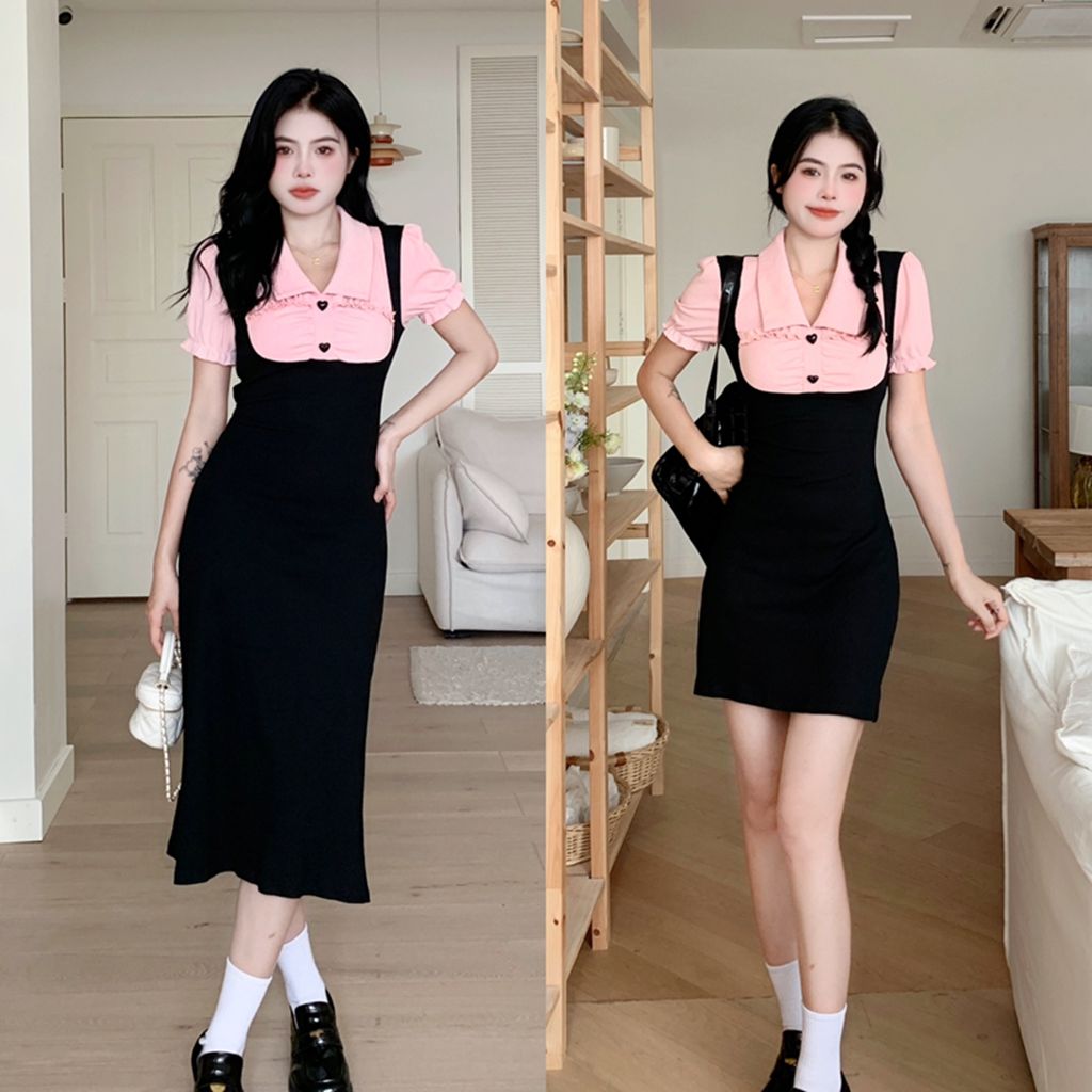 胖mm甜乖密碼微胖甜美純欲女孩套裝假兩件顯瘦百搭氣質收腰連衣裙