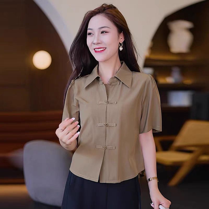 中国风衬衫女短袖新款夏季宽松显瘦衬衣洋气女士复古盘扣上衣