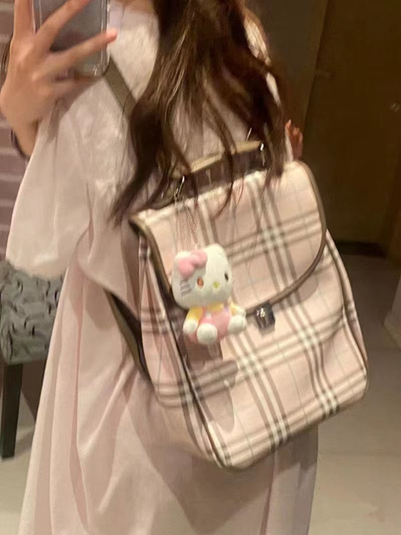 小眾原創設計粉格子雙肩包學院風2023新款百搭通勤手提單肩斜挎包
